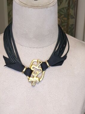 Black Corded Necklace Gold Club Pendent Viva Las Vegas Layered Choker 17"
